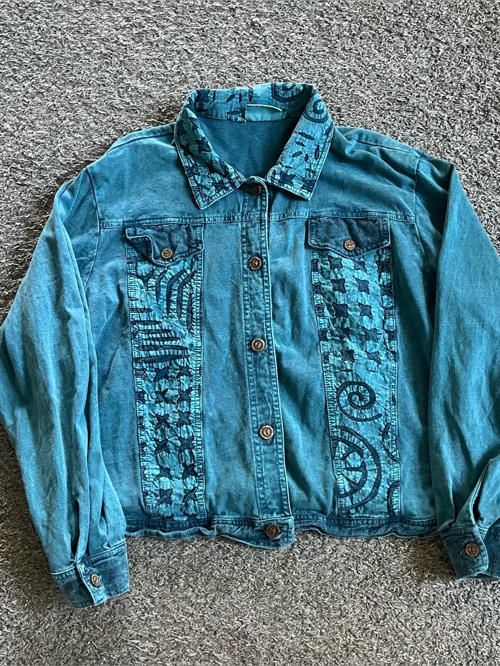 Vintage Produce Studio Jacket Blue Applique Patchwork Art To Wear Boho Large